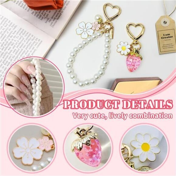 Strawberry keychain flower cherry blossom bag charm cute car key accessory set - Picture 3 of 7
